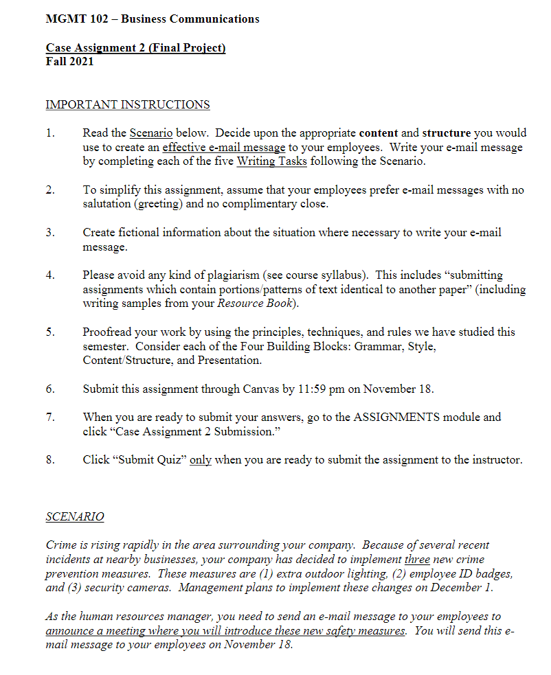 MGMT 102 - Business Communications Case