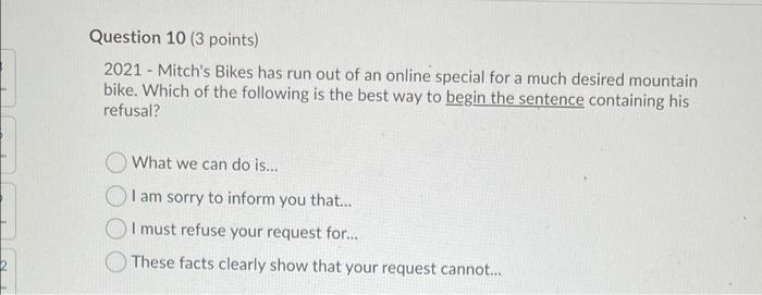Question 10 (3 points) 2021 - Mitch's Bikes has