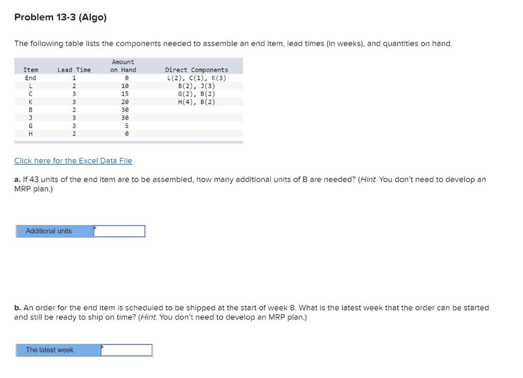 Problem 13-3 (Algo) The following table lists the
