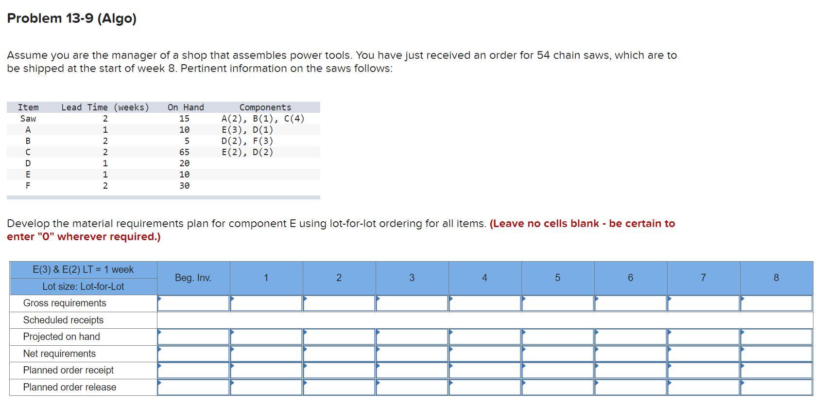 Problem 13-9 (Algo) Assume you are the manager of