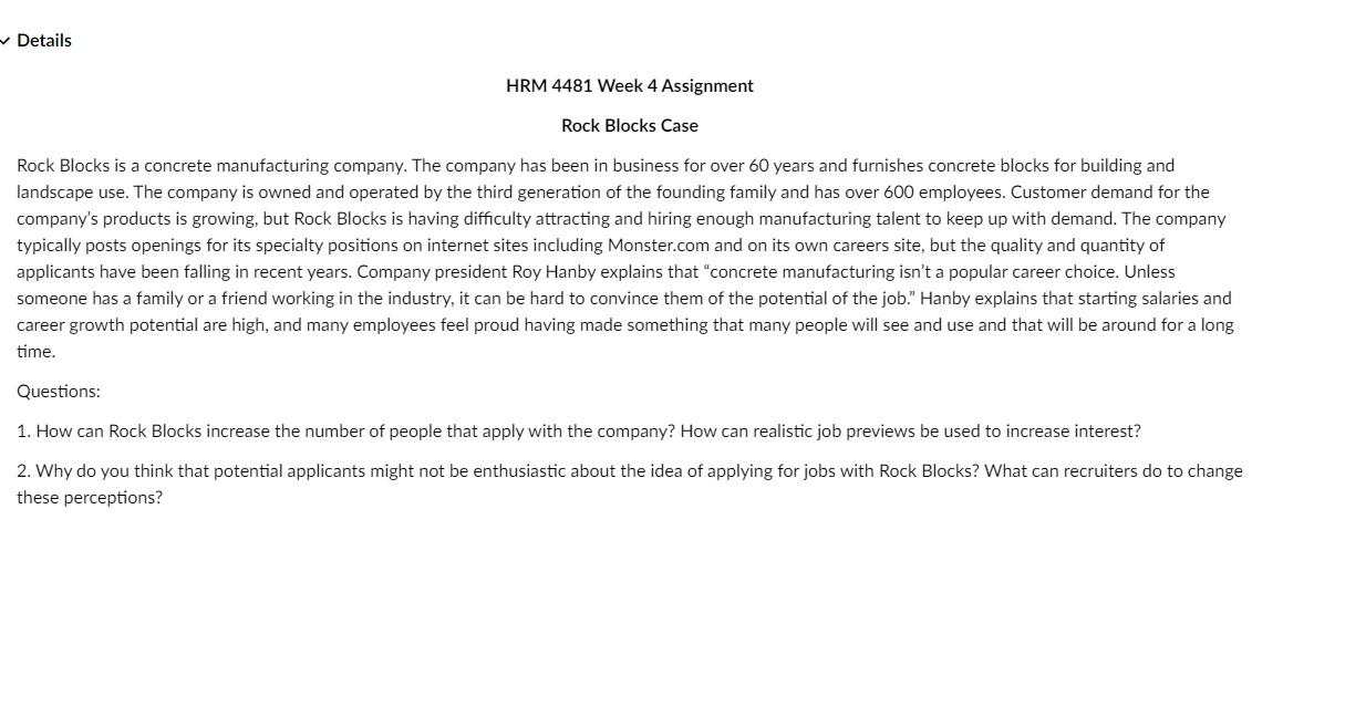 Details HRM 4481 Week 4 Assignment Rock Blocks