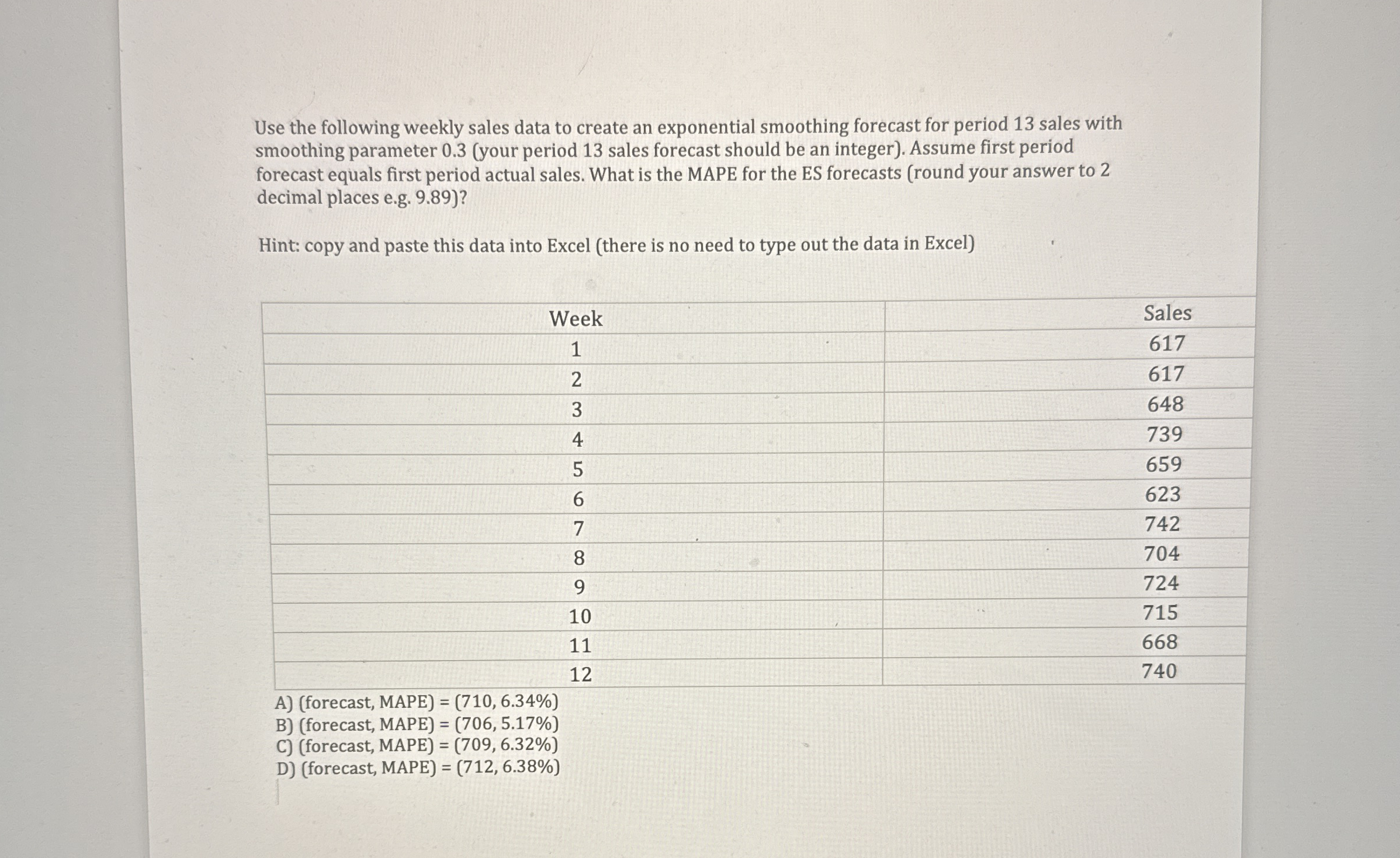 Use the following weekly sales data to create an