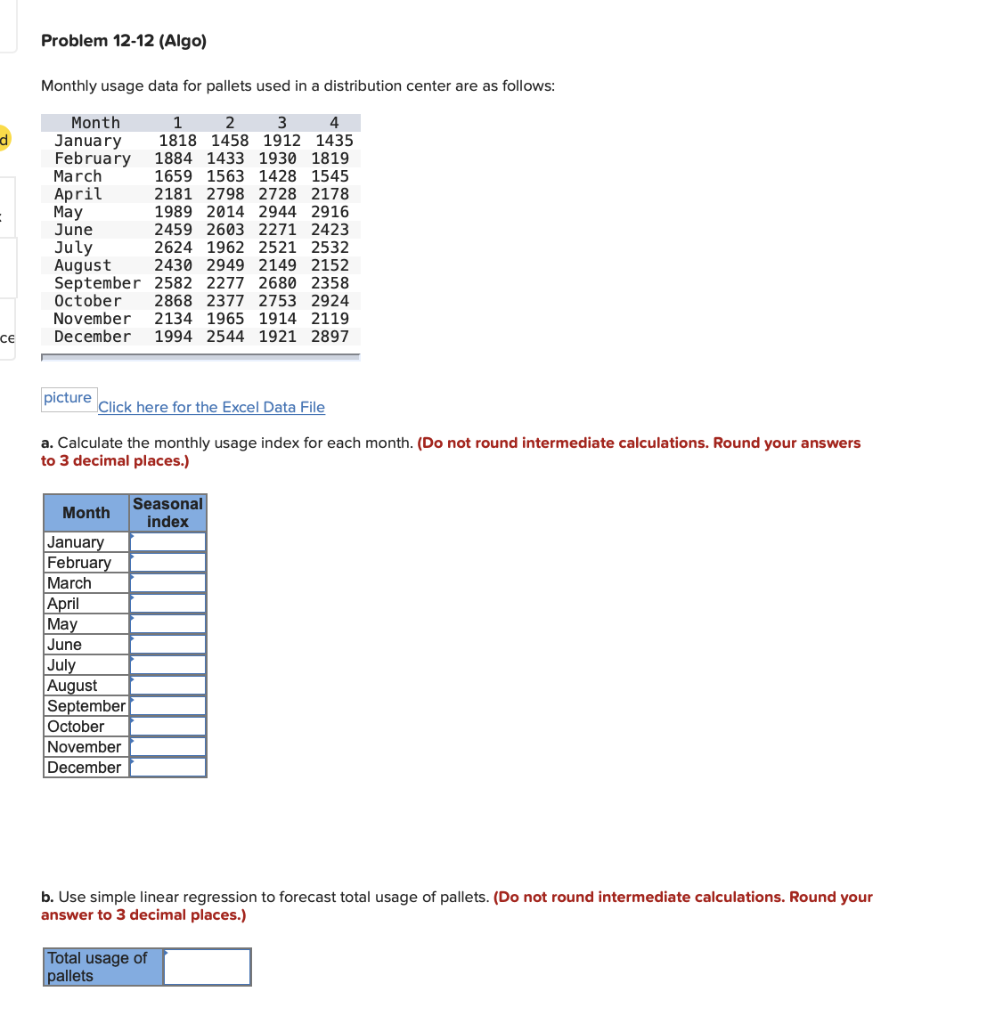 Problem 12-12 (Algo) Monthly usage data for