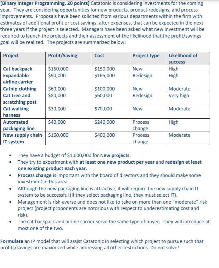 [Binary Integer Programming, 20 points] Catatonic