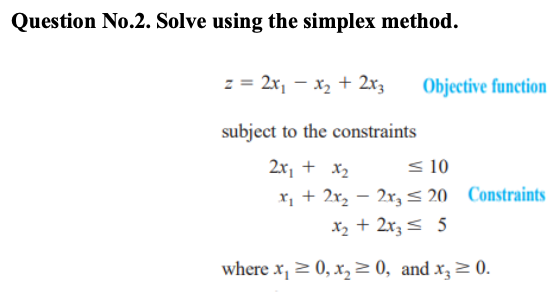 Question No.2. Solve using the simplex method. z