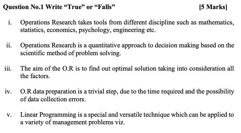 Question No.1 Write "True" or "Falls" [5 Marks)