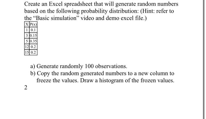 Create an Excel spreadsheet that will generate