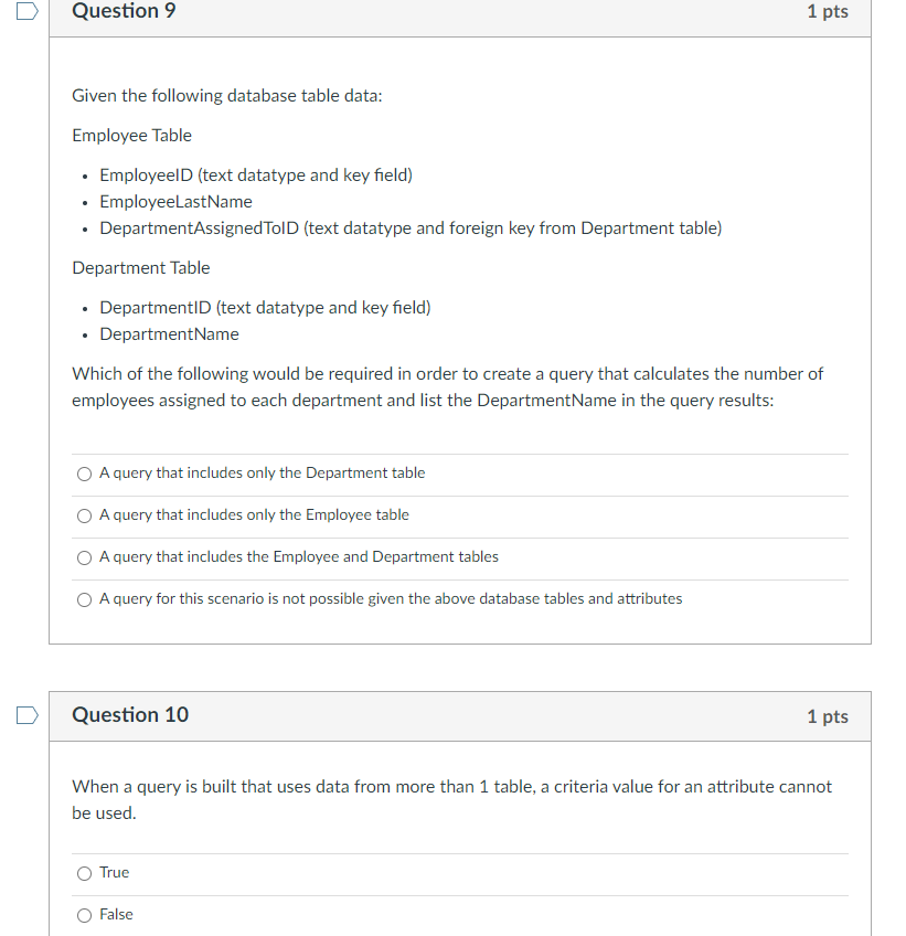 Question 9 1 pts Given the following database