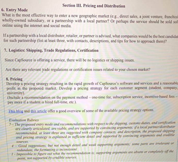 Can you please answer section III part 8. Pricing