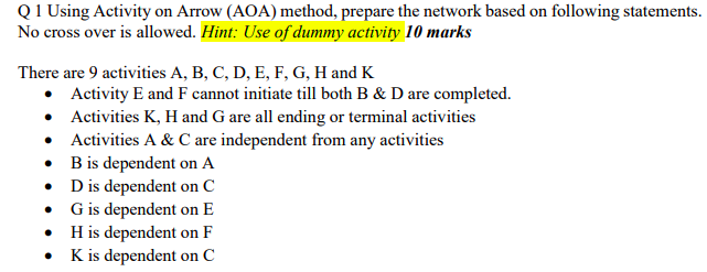 Q 1 Using Activity on Arrow (AOA) method, prepare
