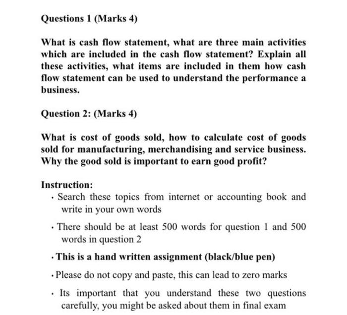 Questions 1 (Marks 4) What is cash flow