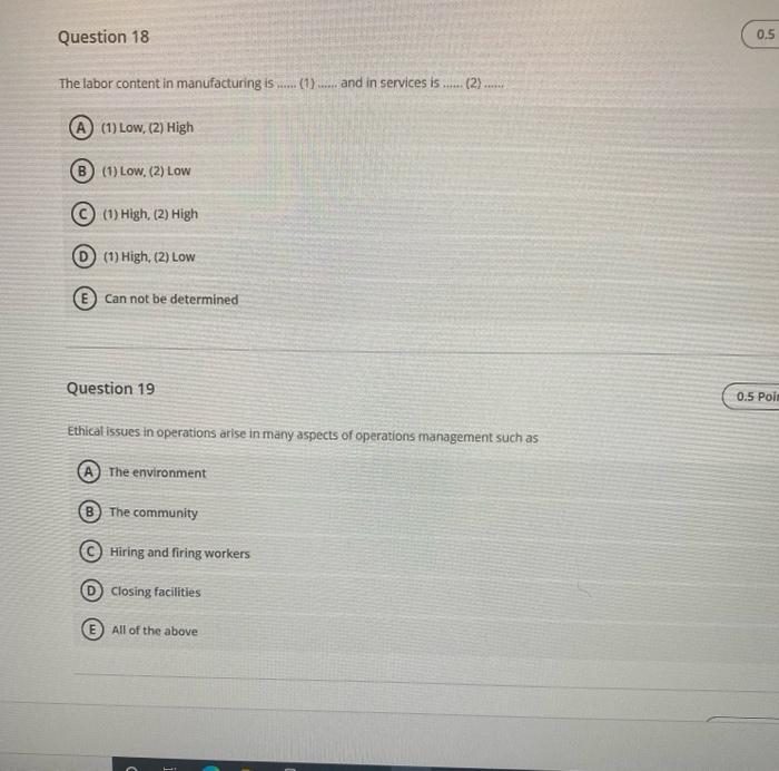 Question 18 0.5 The labor content in