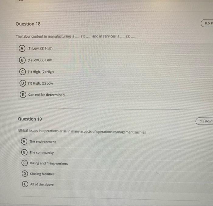 Question 18 0.5 The labor content in