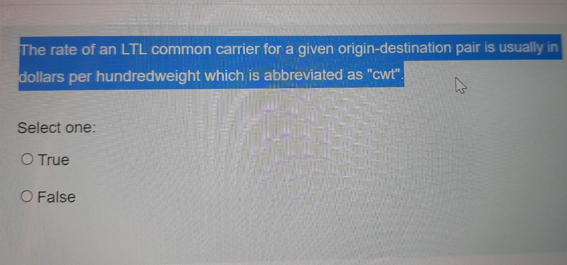 The rate of an LTL common carrier for a given