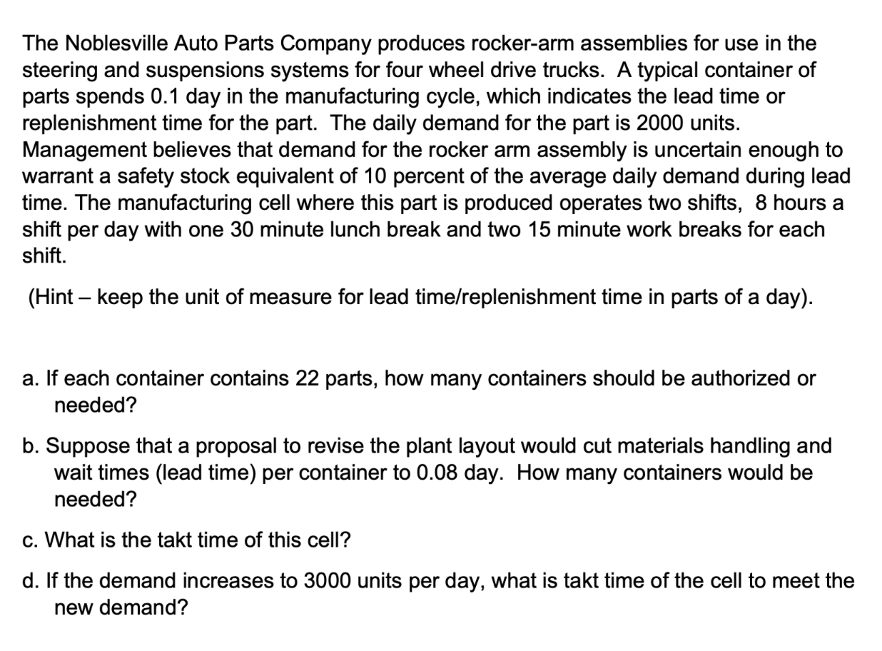 The Noblesville Auto Parts Company produces