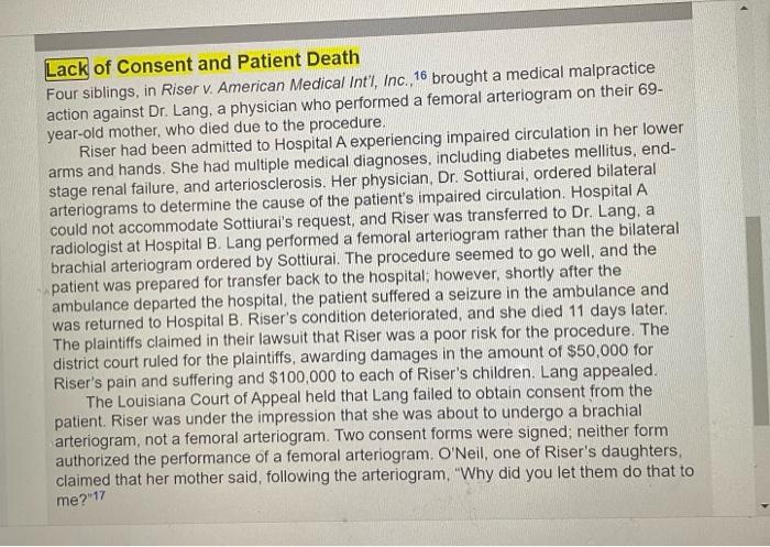 Review the case study Lack of Consent and Patient