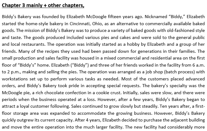 Chapter 3 mainly + other chapters, Biddy's Bakery