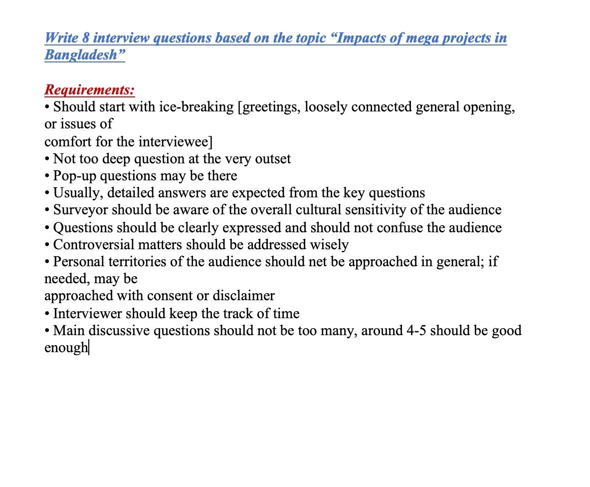 Write 8 interview questions based on the topic