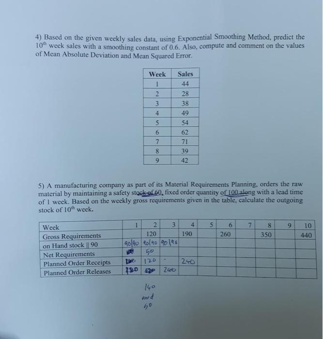 4) Based on the given weekly sales data, using