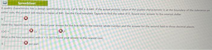 Spreadsheet A quality characteristic has a design