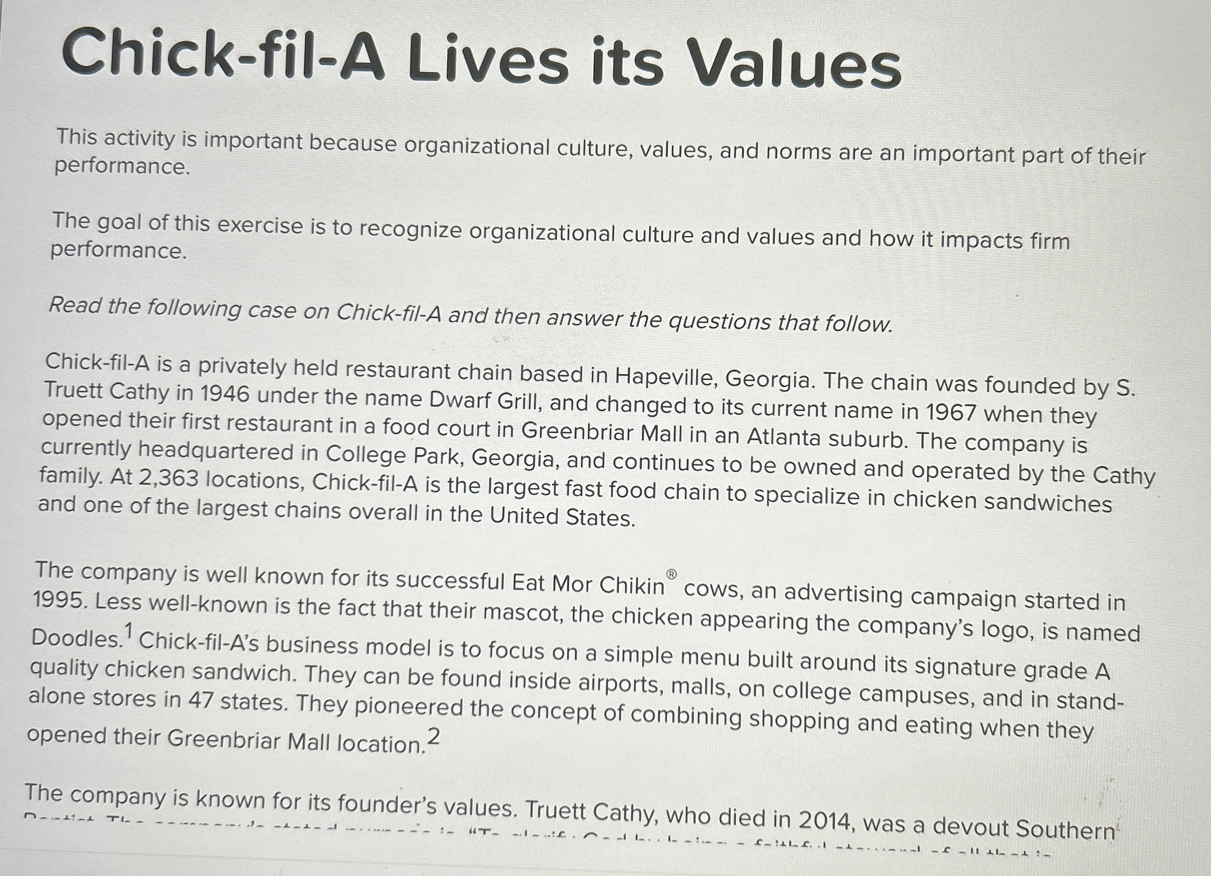 Chick - fil - A Lives its Values This activity is