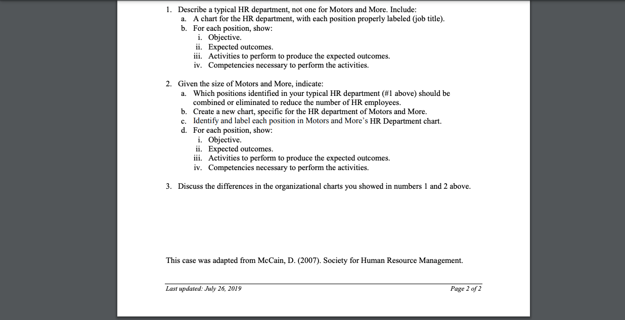 MOTORS AND MORE INC. You are hired as the HR
