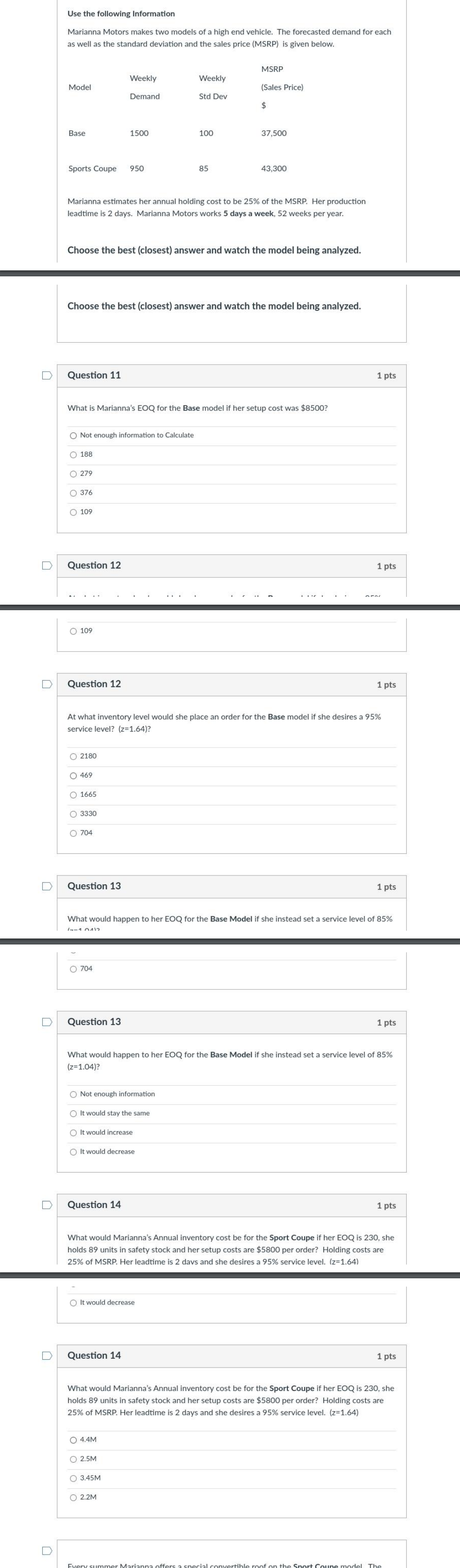 Use the following Information Marianna Motors