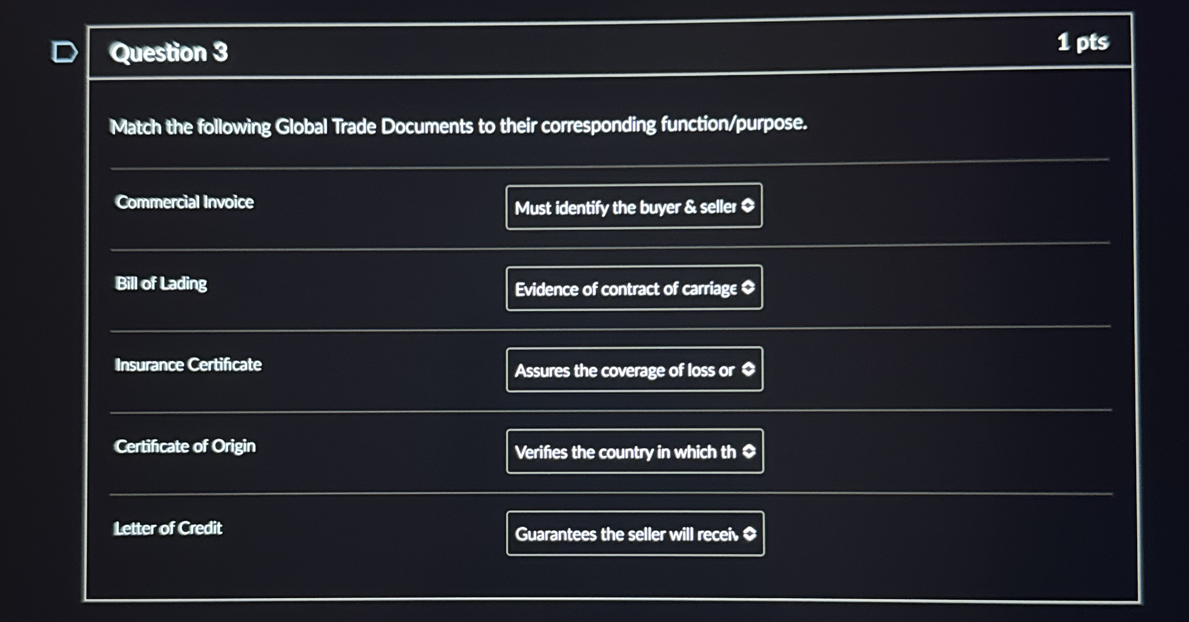 Question 3 1 pts Match the following Global Trade