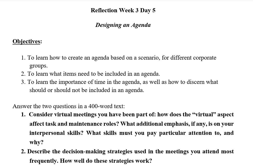 Reflection Week 3 Day 5 Designing an Agenda