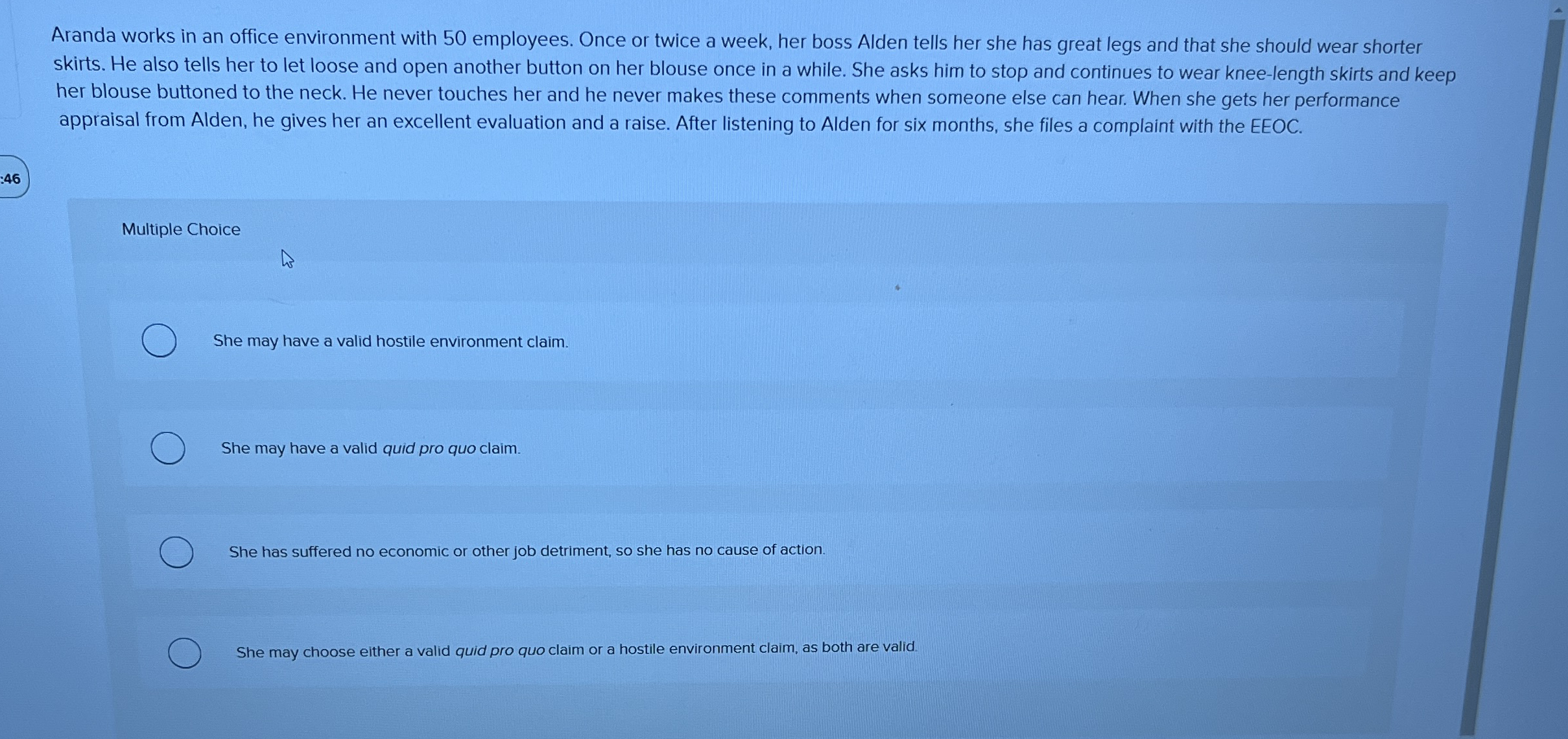 Aranda works in an office environment with 5 0