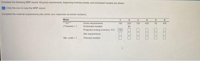 Complete the following MRP record. All gross