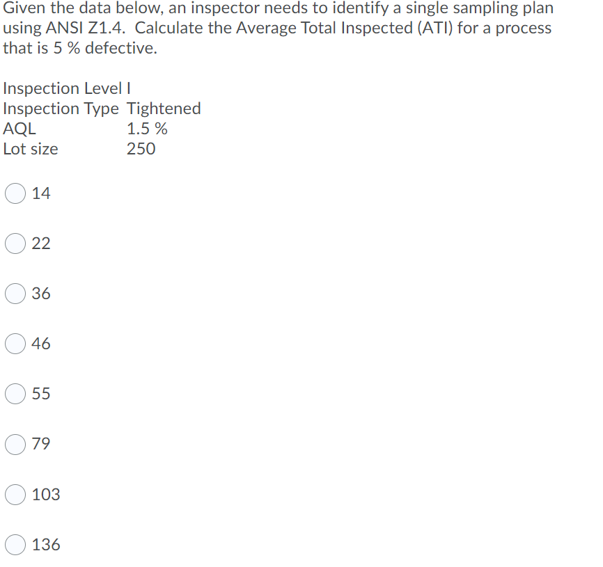 Given the data below, an inspector needs to