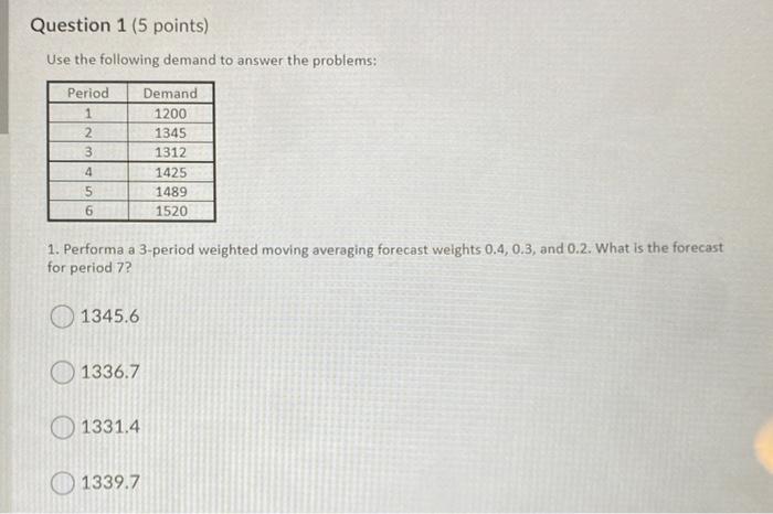 Question 1 (5 points) Use the following demand to