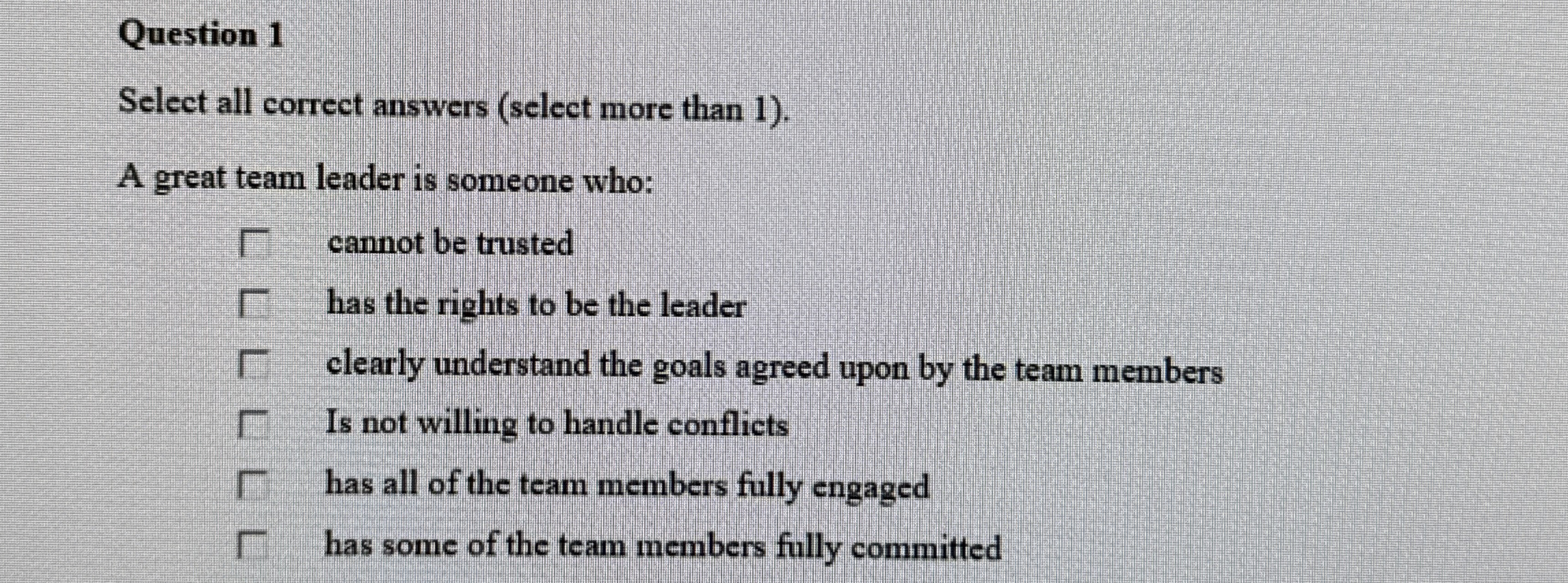 Question 1 Select all correct answers ( select