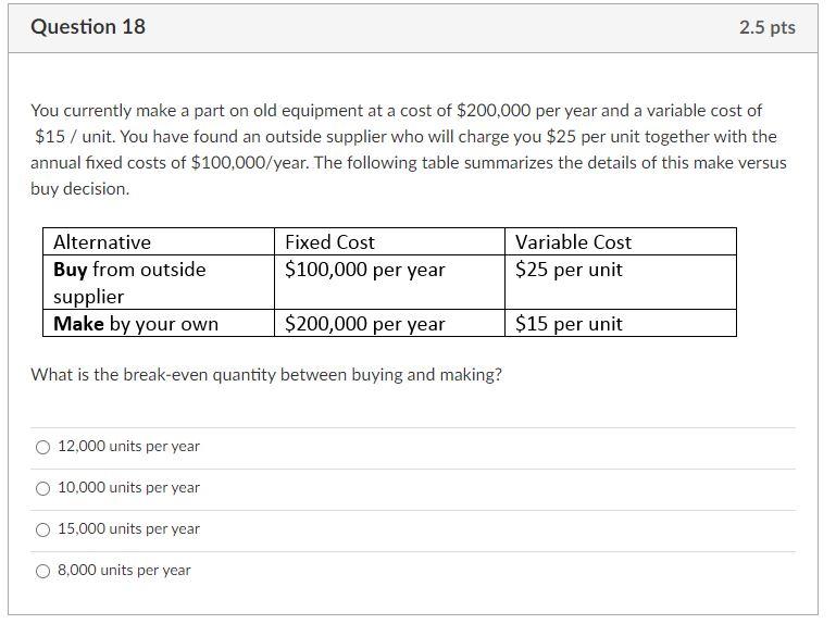 Question 18 2.5 pts You currently make a part on