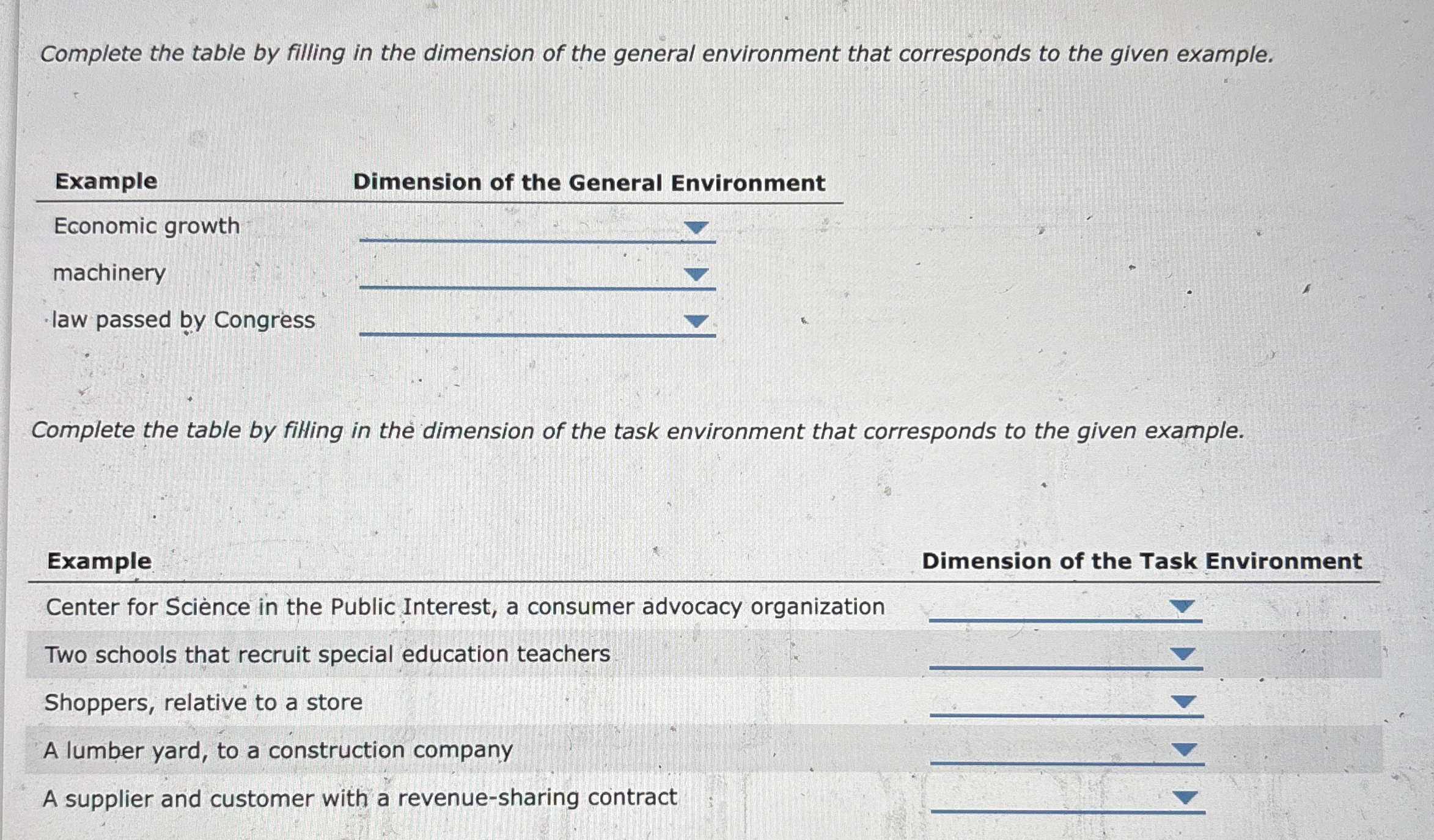 Complete the table by filling in the dimension of