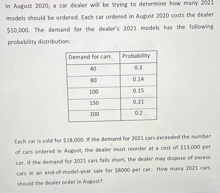 In August 2020, a car dealer will be trying to