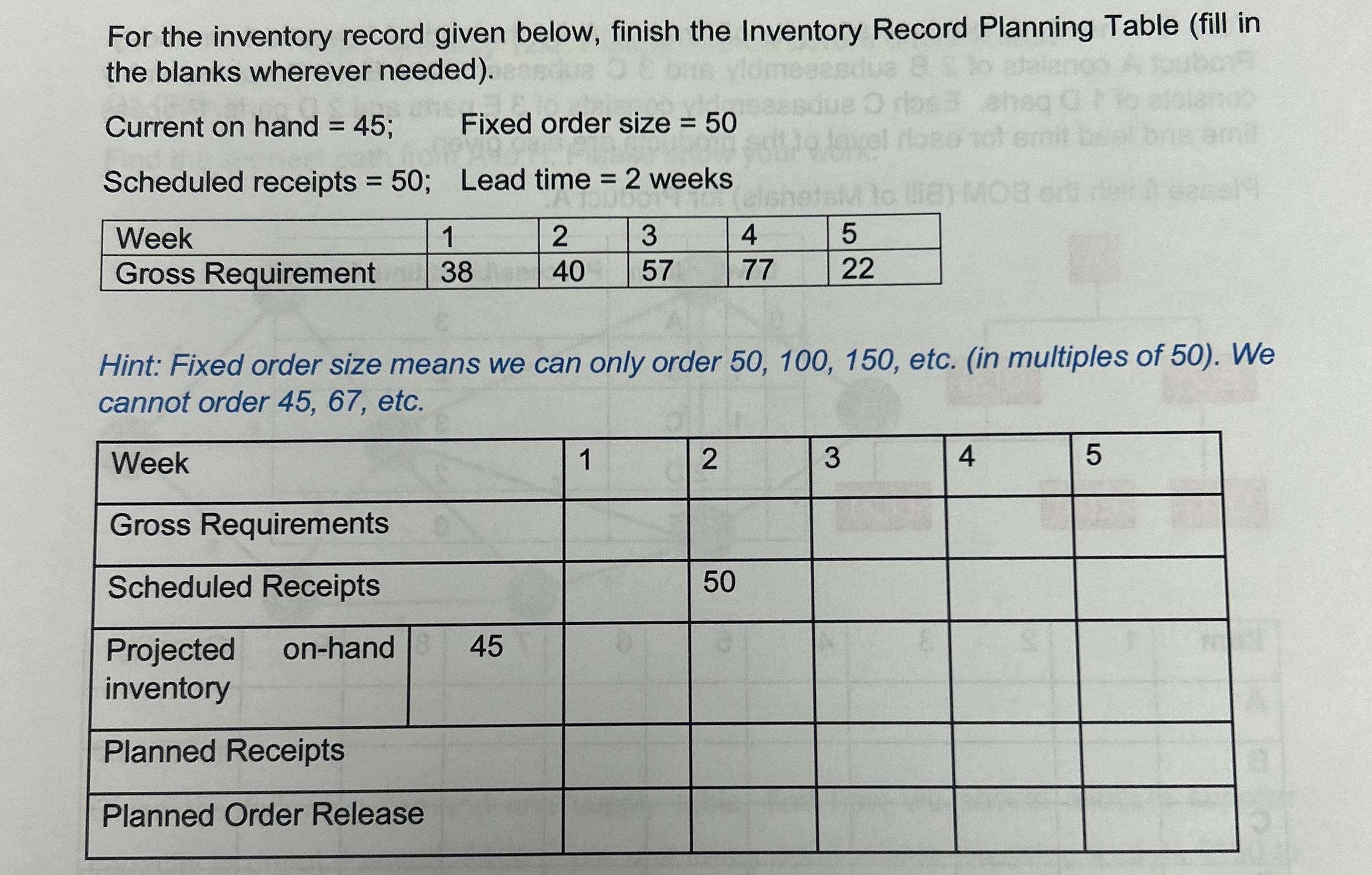 For the inventory record given below, finish the