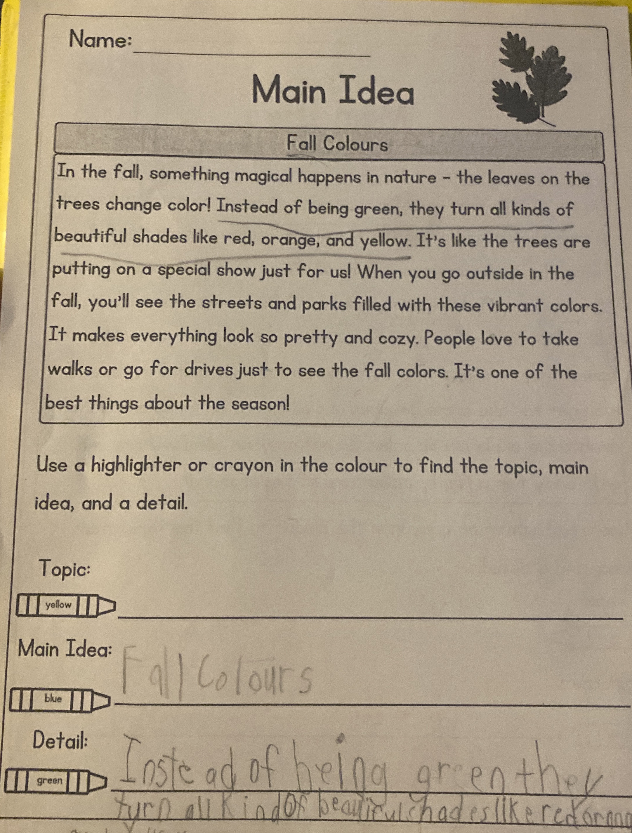 Name: q , Main Idea Fall Colours In the fall,