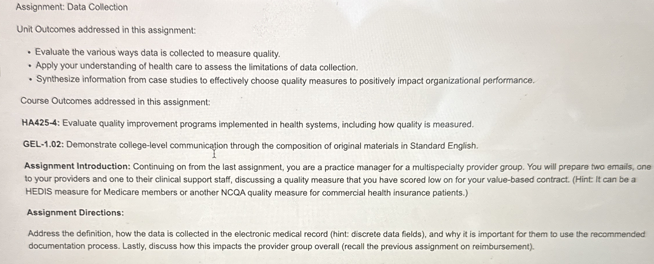 Assignment: Data Collection Unit Outcomes