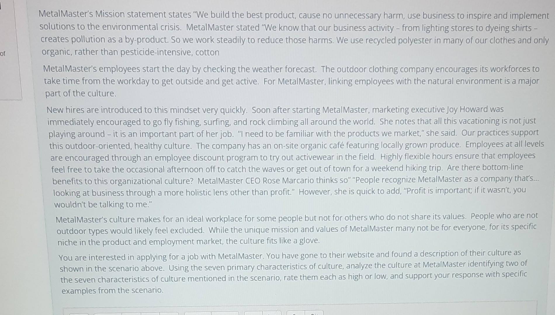 organization behavioral of MetalMaster's Mission