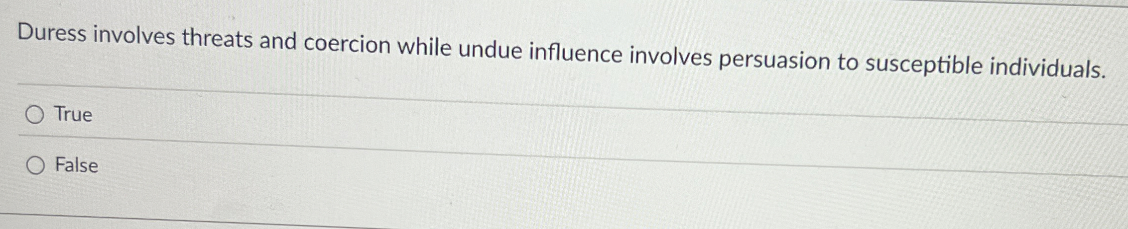 Duress involves threats and coercion while undue