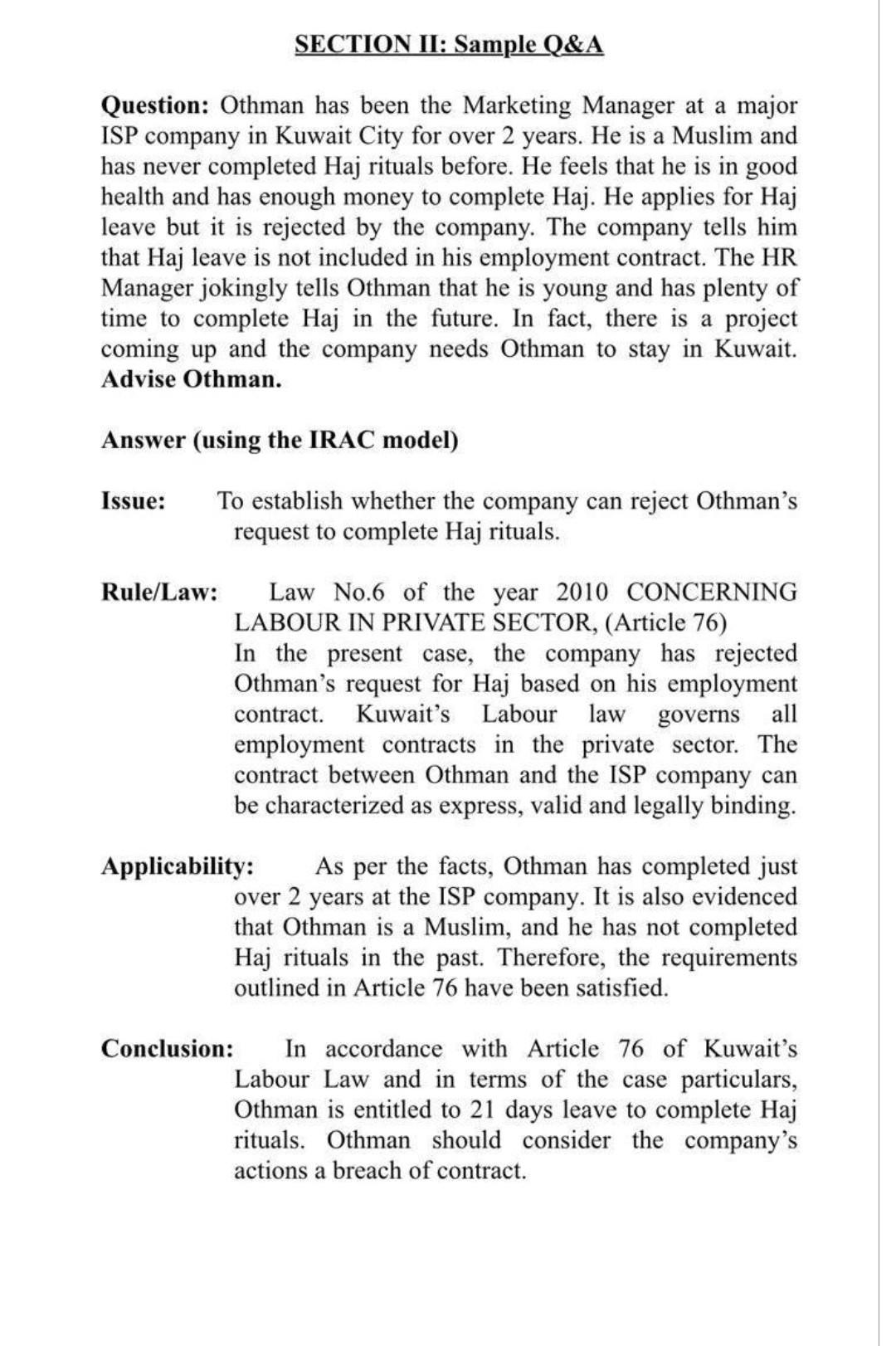 Solve the following case studies using the IRAC