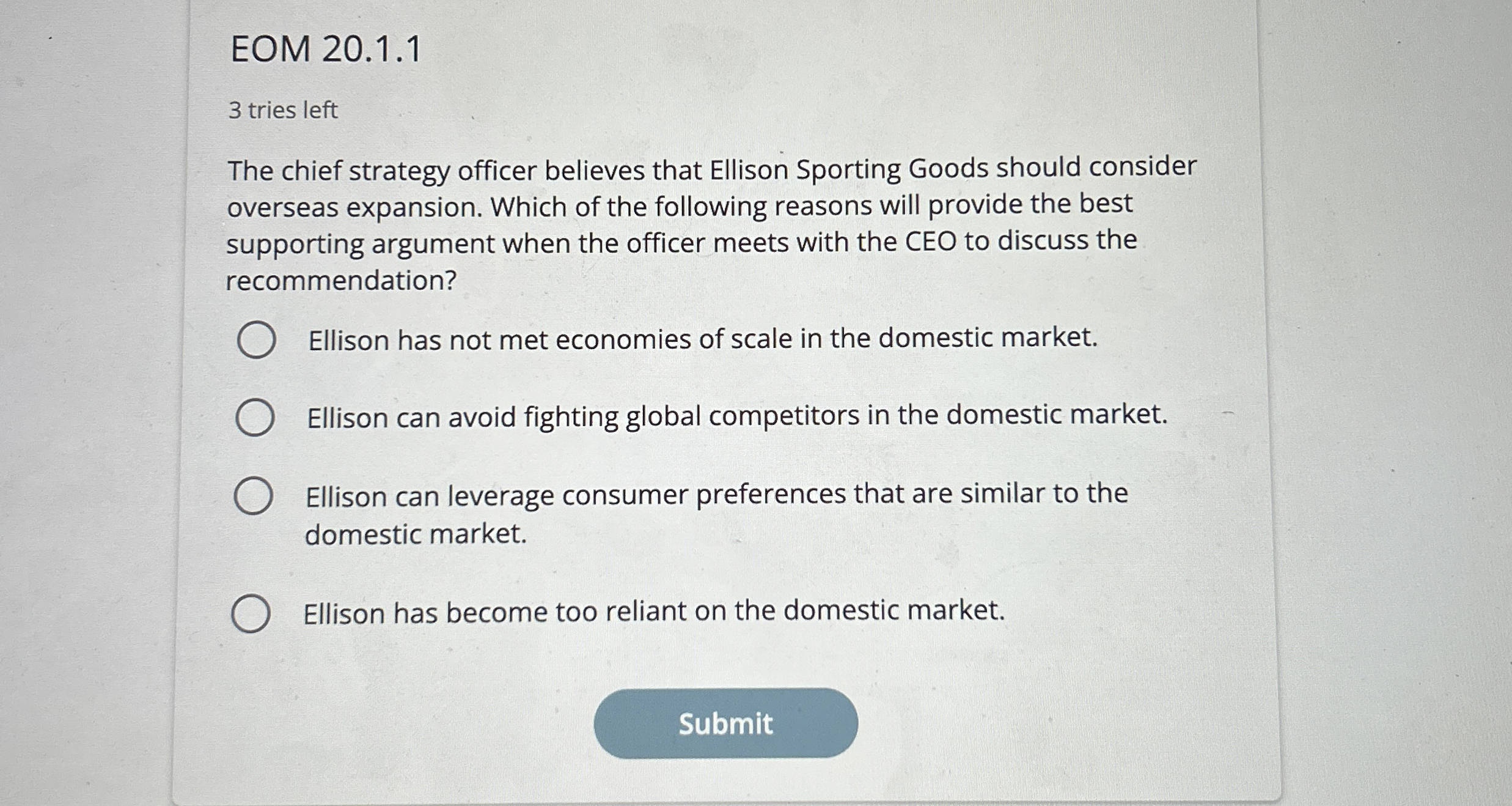 EOM 2 0 . 1 . 1 3 tries left The chief strategy