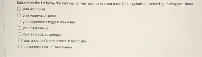 Select from the list below the information you