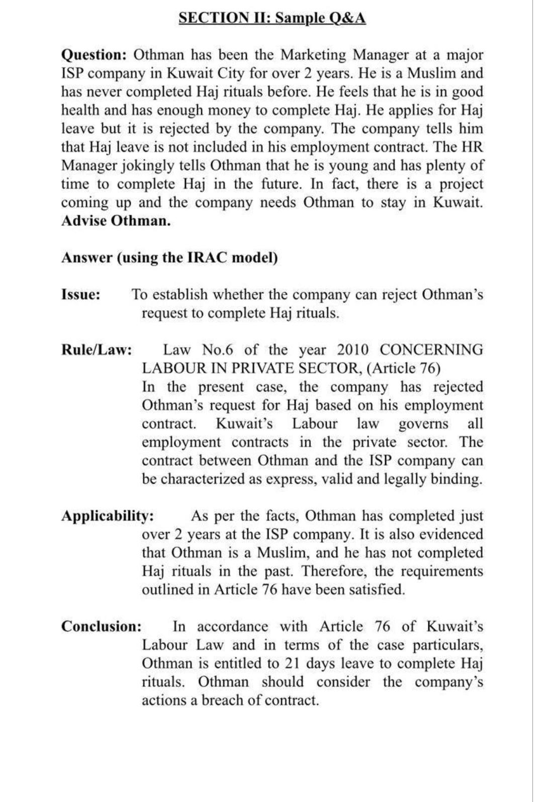 Solve the following case studies using the IRAC