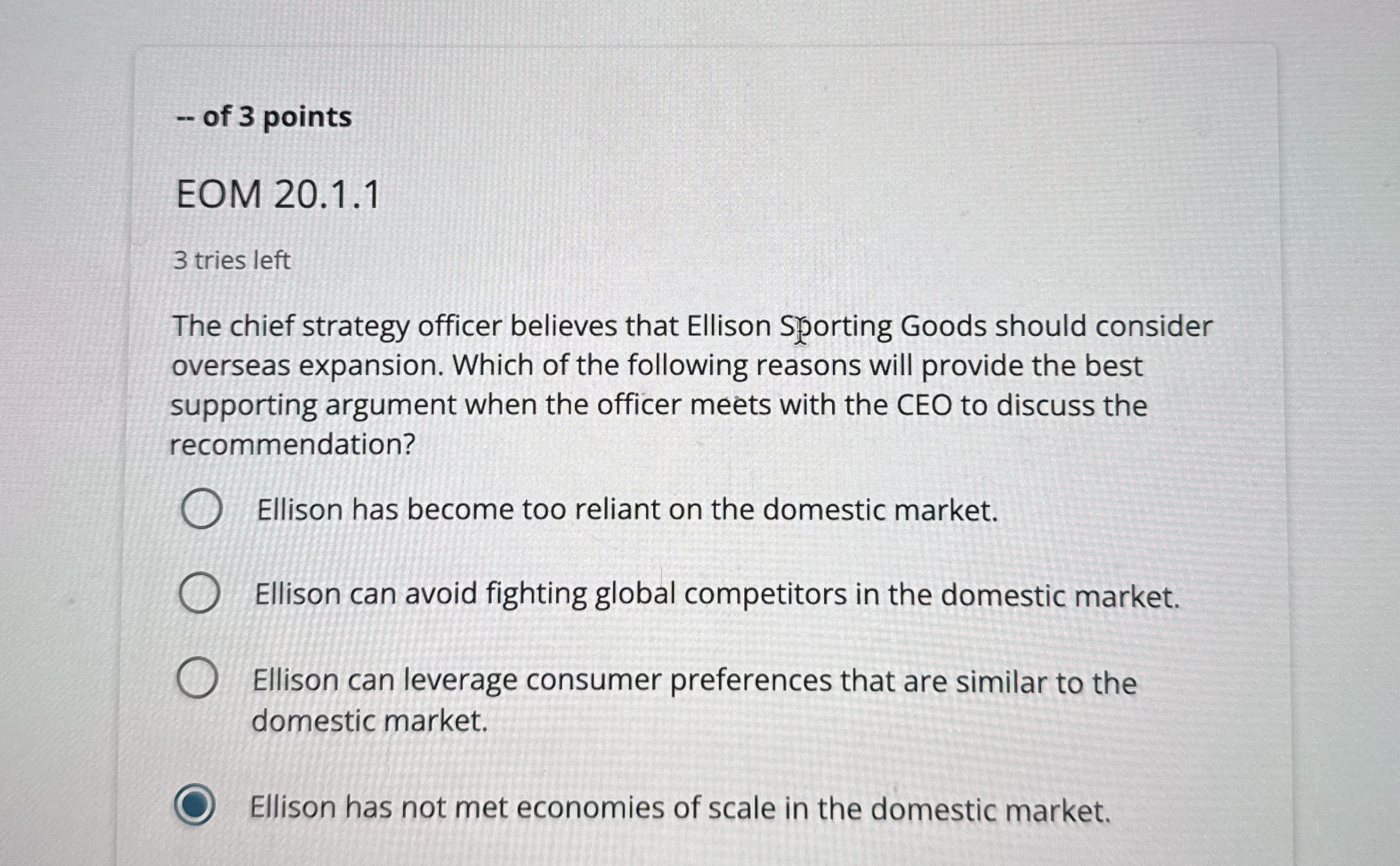 of 3 points EOM 2 0 . 1 . 1 3 tries left The