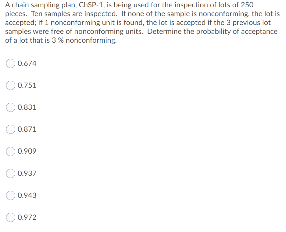 A chain sampling plan, ChSP-1, is being used for
