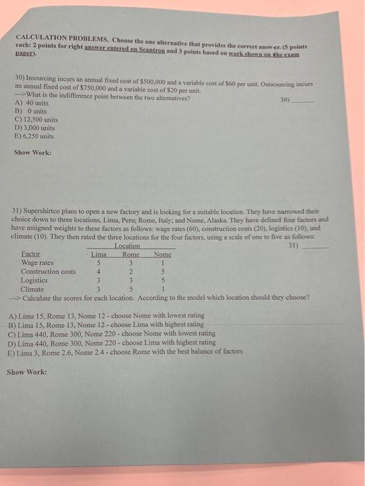 CALCULATION PROBLEMS. Choose the one alternative