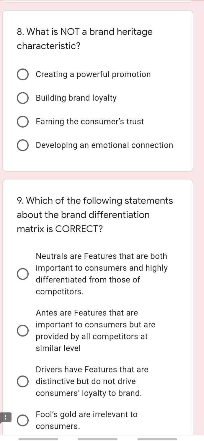 just mark answers and do not need explanation. 8.